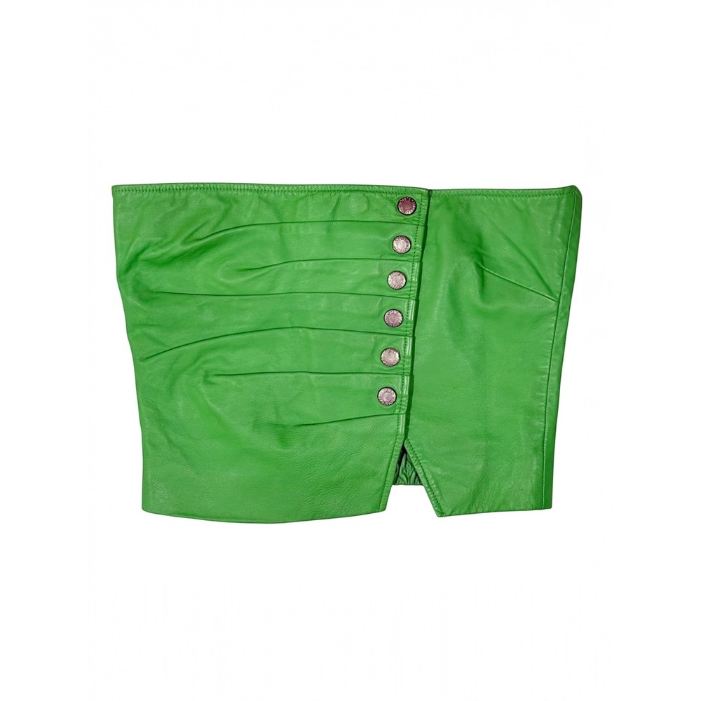 Bright Lime Green Leather Strapless Pleated Tube Top Side Button Detail M